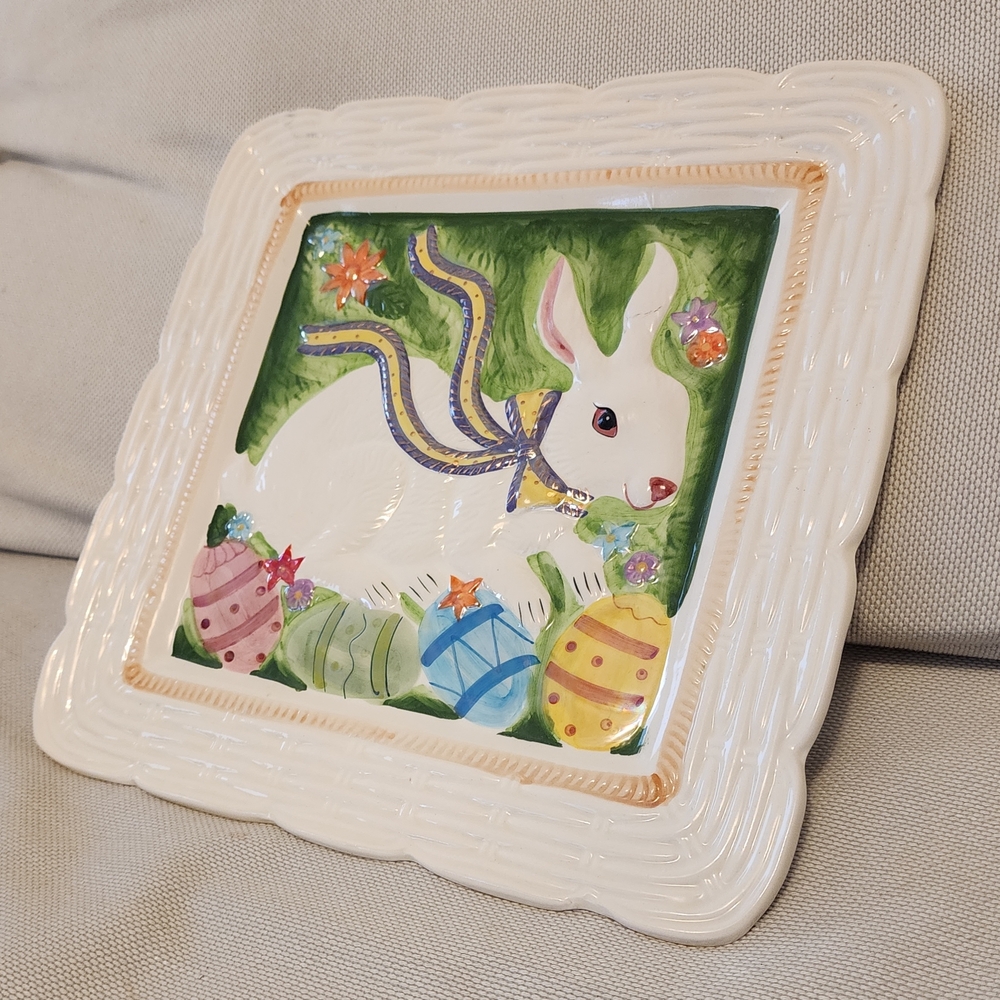 Easter Large Platter Bunny & Eggs Vintage Cottage Country Spring - 13" x 13"